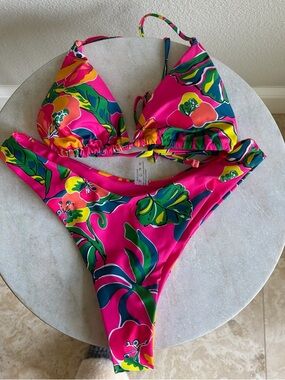 SHEIN Hot Pink Tropical Floral Triangle Bikini Set